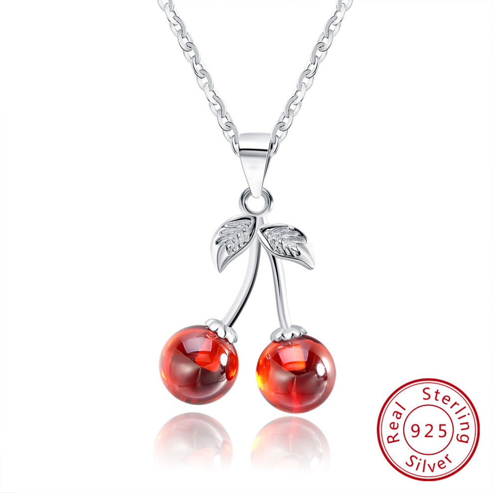 925 Sterling Silver Red Natural Stone Cherry Pendant Necklaces for Women Silver Jewelry Necklace Gift SN03