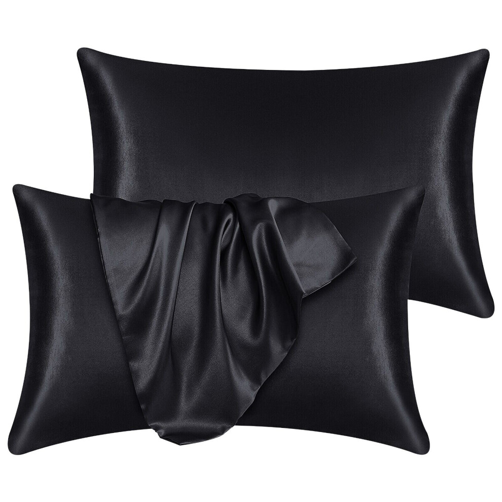 (BLACK) Satin Silk Pillowcases Ultra Soft Pillowcase Pair For Hair & Skin Anti Allergic Standard Pillow Cases with Envelope Closure Pack of 2