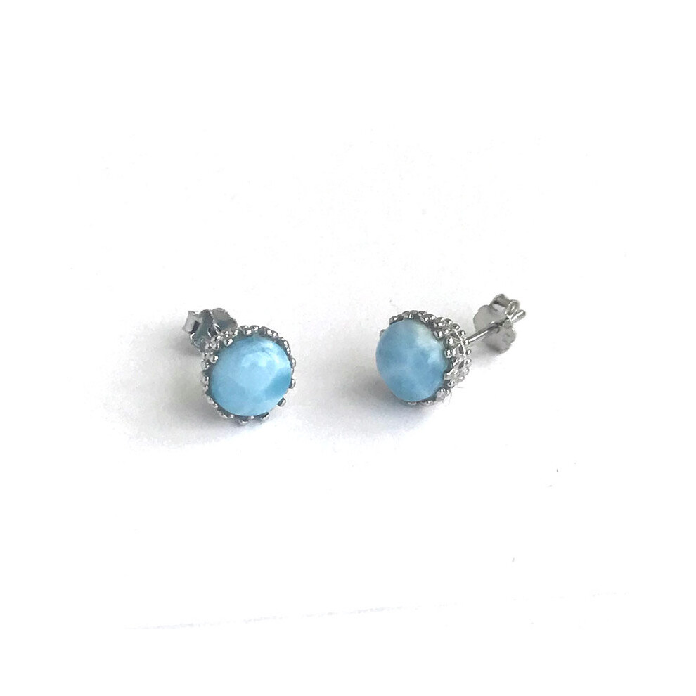 Natural Larimar Stud Earrings Sterling 925 Silver Gemstone 6mm Fine Jewelry for Woman Lady Wedding Party Birthday-image-OPC-PBSGS29-NEW