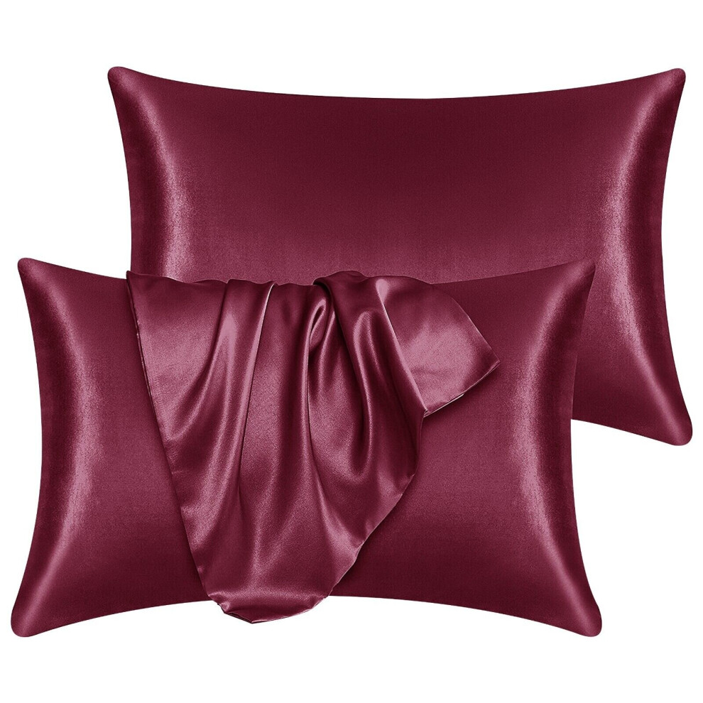 (BURGUNDY) Satin Silk Pillowcases Ultra Soft Pillowcase Pair For Hair & Skin Anti Allergic Standard Pillow Cases with Envelope Closure Pack of 2