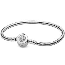 (A White-16cm) Moments Sparkling Crown O Clasp Snake Chain Bracelet Bangle Fit Women 925 Sterling Silver Bead Charm Jewelry