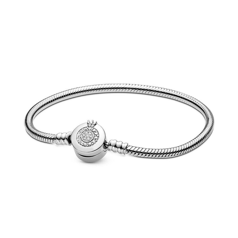 (A White-16cm) Moments Sparkling Crown O Clasp Snake Chain Bracelet Bangle Fit Women 925 Sterling Silver Bead Charm Jewelry