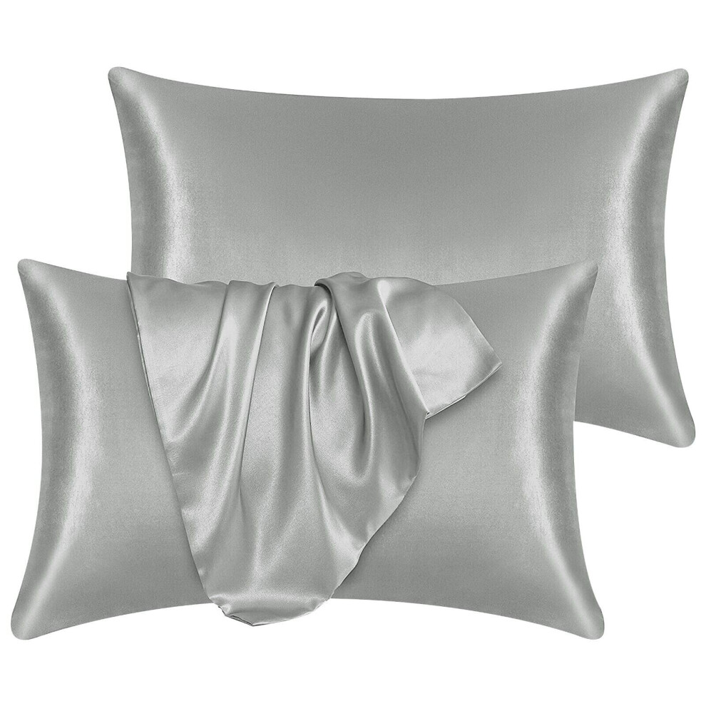 (GREY) Satin Silk Pillowcases Ultra Soft Pillowcase Pair For Hair & Skin Anti Allergic Standard Pillow Cases with Envelope Closure Pack of 2