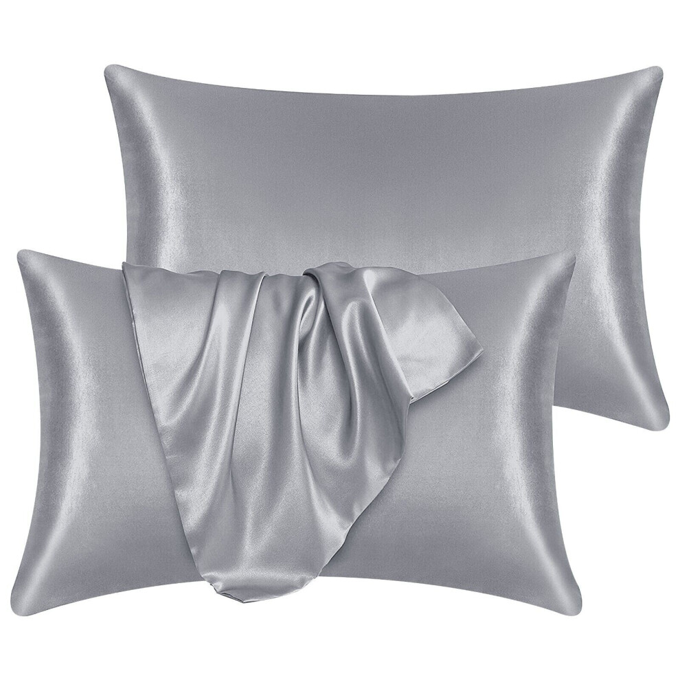 (SILVER) Satin Silk Pillowcases Ultra Soft Pillowcase Pair For Hair & Skin Anti Allergic Standard Pillow Cases with Envelope Closure Pack of 2