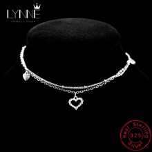 925 Sterling Silver Heart Rhinestone CZ Pendant Double Layer Anklets Women Jewelry Summer Zircon Foot Chain Bracelet