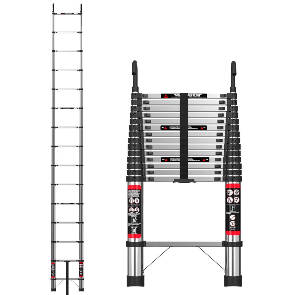 (4.4M/14.5FT) Extension Ladder with Hook Stainless Steel Telescoping Stepladder for Multi Purpose Loft Attic Extendable Ladder 330lbs/150kg Heavy Duty