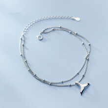 Real 925 Sterling Silver Double-Layer Mermaid Tail Charm Anklet with Link Chain - Women's Beach Jewelry