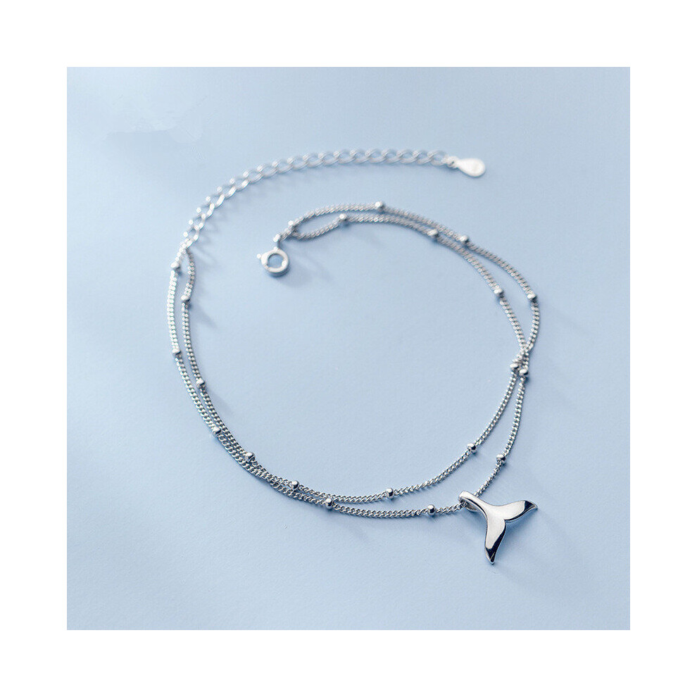 Real 925 Sterling Silver Double-Layer Mermaid Tail Charm Anklet with Link Chain - Women's Beach Jewelry