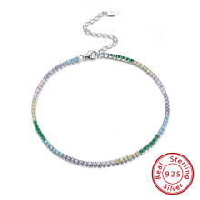 925 Sterling Silver Tennis Anklet Rainbow Colors AAAA Zirconia Full Paved Anklet for Girls Woman Ankle Chain SA04