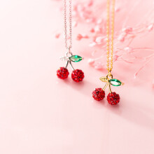 MloveAcc 100% Real 925 Sterling Silver Red Crystal Cherry Pendant Necklace for Women Girl Kids Gift Silver Jewelry