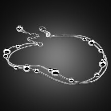100% 925 Sterling silver women anklets & Bracelets Solid silver double bead chains Beach barefoot sandals jewelry