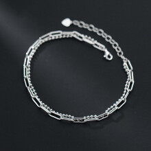 Double Layered Chain Anklets Sterling Silver 925 Rectangle Beads Beach Summer Jewelry For Women Girls Adjustable
