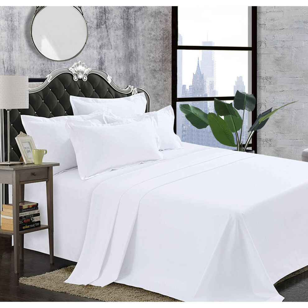 (Single: 175 x 275 cm, White) Flat Shets Soft Cotton Luxury Bed Sheets & Plain Pillowcases Pair