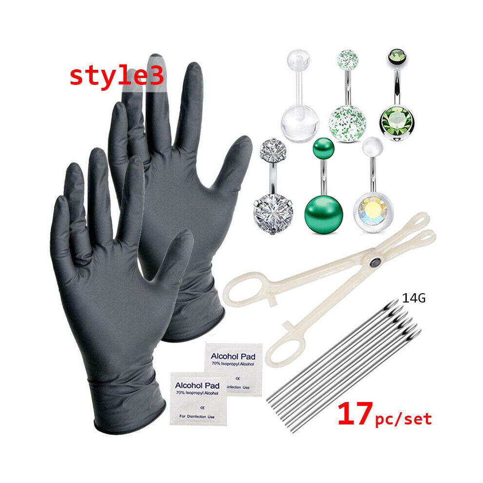(17pc set White-style3 Rhodium Plated) 17pc/set Body Piercing Tools Professional Belly Piercing Tool Kit Navel Belly Button Jewelry with Sterile Needl