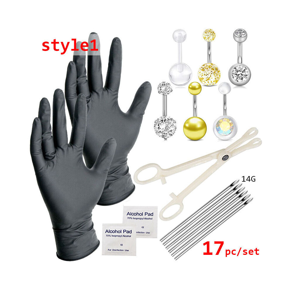 (17pc set White-style1 Light Yellow Gold Color) 17pc/set Body Piercing Tools Professional Belly Piercing Tool Kit Navel Belly Button Jewelry with Ster