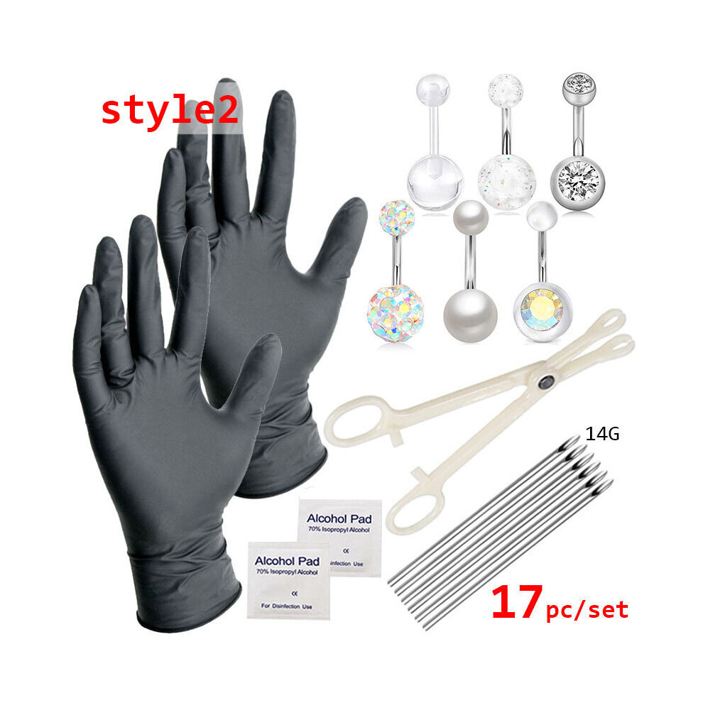 (17pc set White-style2 Gold color) 17pc/set Body Piercing Tools Professional Belly Piercing Tool Kit Navel Belly Button Jewelry with Sterile Needles C