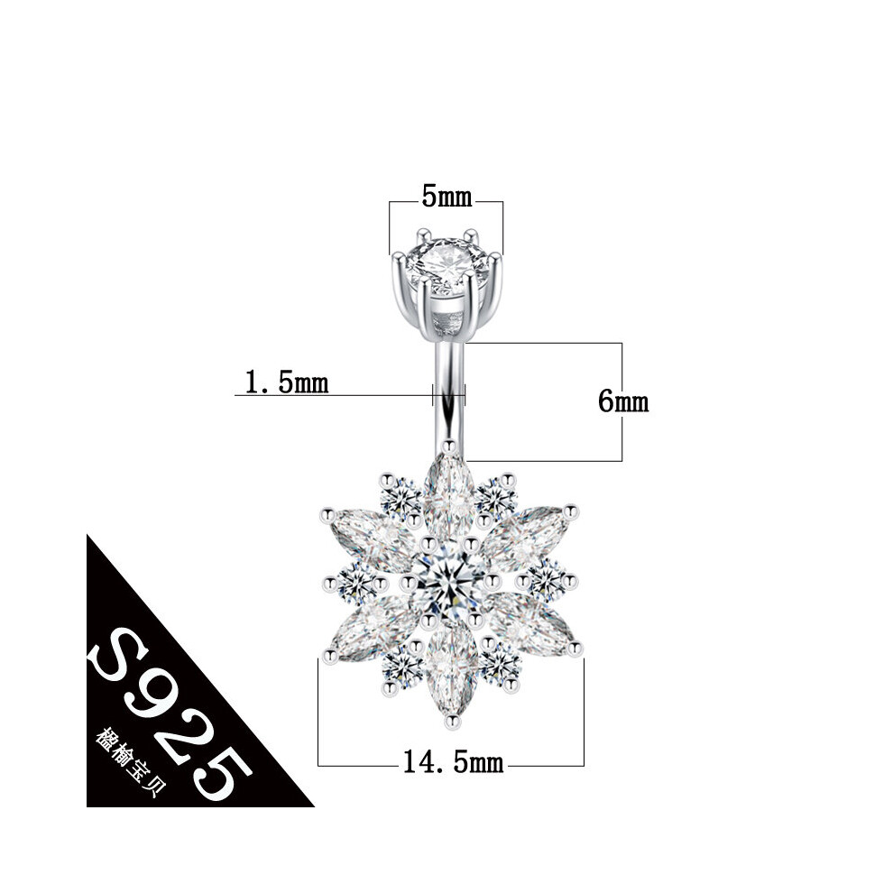 Belly button ring real 925 sterling silver women flower zircon clear stones body jewelry pure silver body piercing-image-OPC-PBSH6XH-NEW