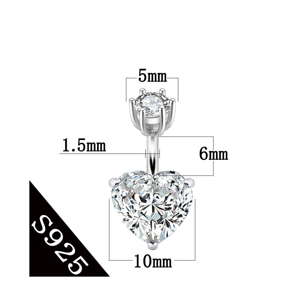 925 pure silver belly button ring real silver navel ring body piercing jewelry heart stone zircon pin length 6 8 10 mm-image-OPC-PBSH6WX-NEW