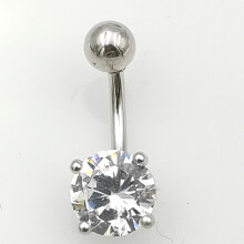 925 Sterling Silver Belly Button Ring with Clear Round CZ Stone - Navel Piercing Jewelry