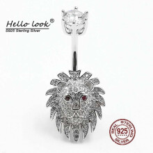 HelloLook Full Zircon Lion Belly Button Ring - 925 Sterling Silver Navel Piercing, Lion Design with Zircon, 6/8/10mm, HBE936
