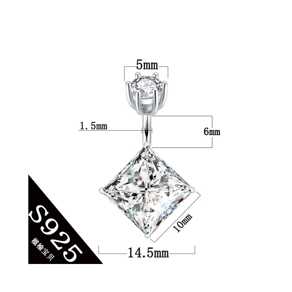 925 sterling silver women belly button ring square zircon clear big stone body jewelry real fine jewelry-image-OPC-PBSH9SN-NEW