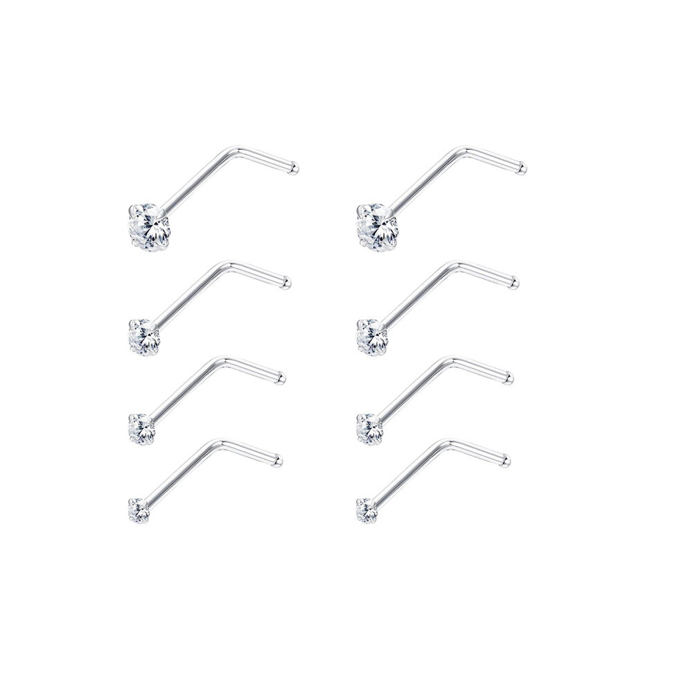 8 pcs 925 sterling silver L-shaped clear cz inlaid zircon Nose Rings & Studs for women men 22g Nose body piercing jewelry-image-OPC-PBSHBW9-NEW