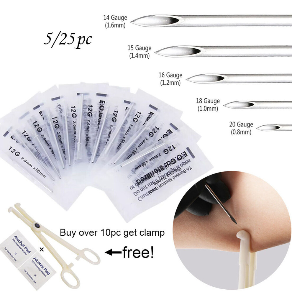 Disposable 14g/15g/16g/18g/20g Sterile Piercing Needles for Navel Nipple Ear Nose Lip Tattoo Piercing Needles Clamp Kit Tool