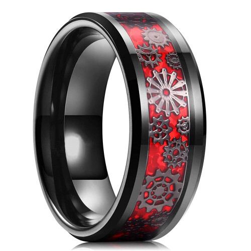 Alliance Homme/Femme Steampunk En Tungstène - Engrenages, Fibre De Carbone Bleue, Opale (Largeur 8mm)