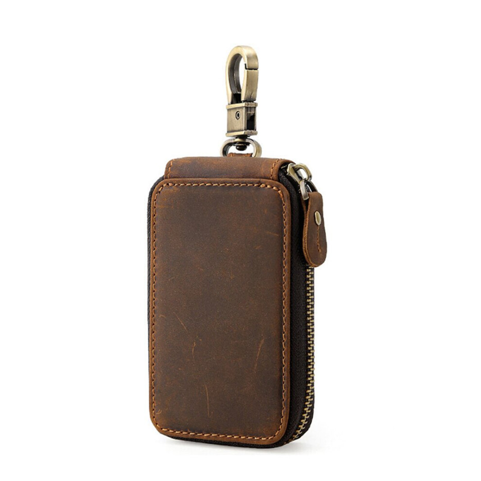 Leather Retro First Layer Cowhide Leather Zipper Large-Capacity Key Case Crazy Horse Leather Car Key Case Brown 885659302398