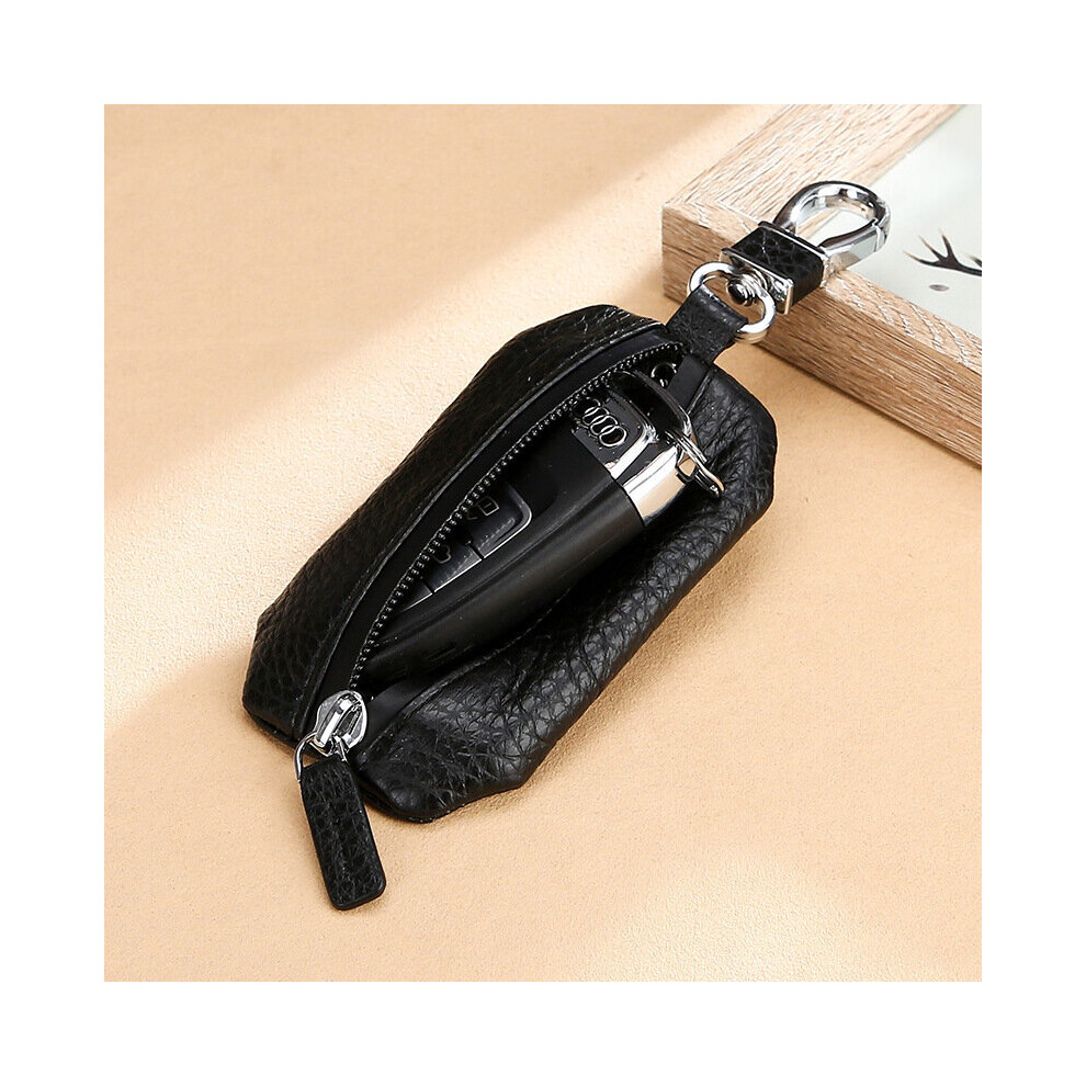 Upgraded Leather Car Key Case Cowhide Lychee Pattern Waterproof Zipper Car Universal Key Case Brown 885659304279