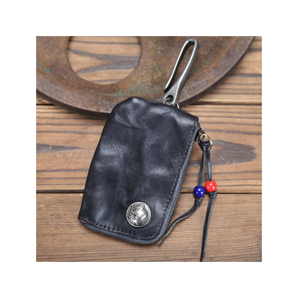 Retro Key Holder Leather Organizer First Layer Cowhide Solid Casual Unisex Car Key Wallets Black 885659309953