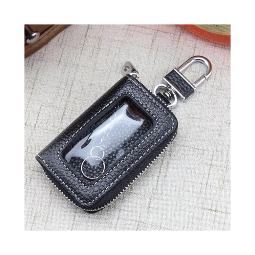 Leather Car Document Smart Key Holder With Transparent Window Cowhide Key Wallet Fob Leather Keychain For Car Black 885659313387