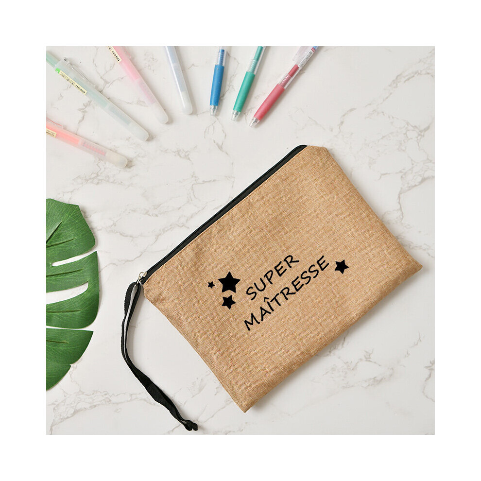 French Women's Cosmetic Bag Travel Organizer Case Thank You Mistress Print Makeup Bags Linen Wristlet Clutch Bag Teacher Gift