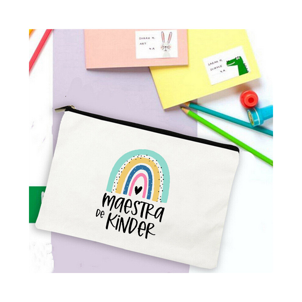 Rainbow Teacher Spanish Printed Teacher Pencil Cases School Stationery Supplies Storage Bags Travel Wash Pouch Makeup Bag-image-OPC-PBSJYXS-NEW