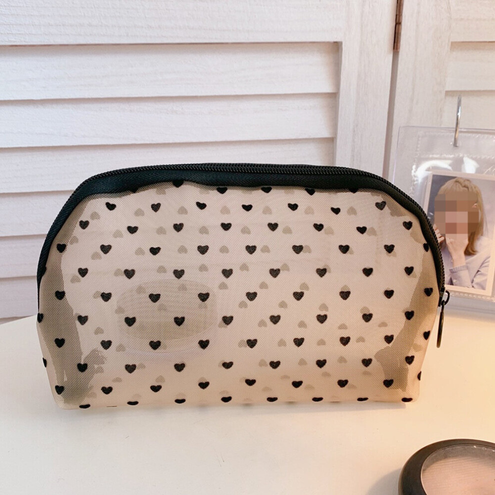 Red Mesh Cosmetic Makeup Bags Case Holder Pouch Convenient To Carry Transparent Zipper Heart Printed Pencil Pen Case
