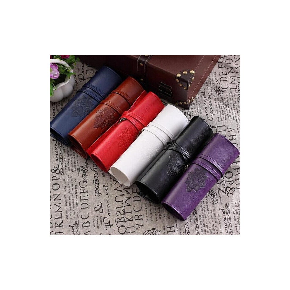 1PCS Vintage Women Roll Leather Purse Makeup Cosmetic Pen Pencil Brush Bag Case Pouch Purse Bag for School