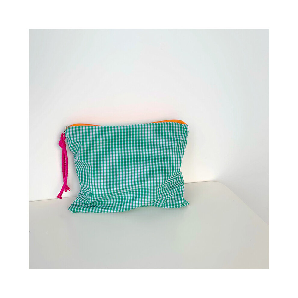 Green Women Girls Plaid Makeup Bag Cotton And Linen Cosmetic Bag Zipper Pouch Portable Large Capacity Storage Bag