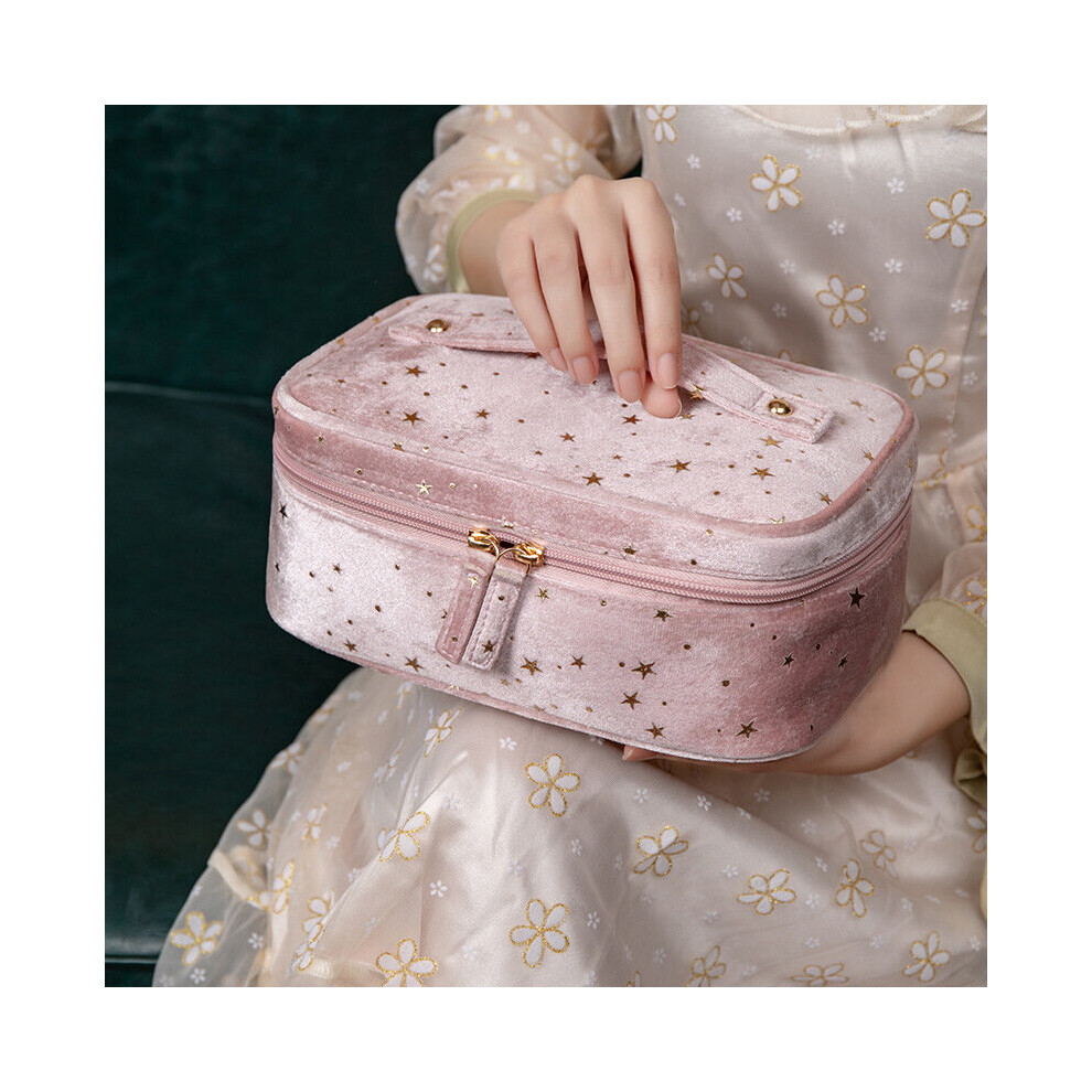 Brown Velvet Cosmetic Bag Women Soft Large Capacity Star Print Makeup Bag Girls Ins Concise Travel Wash Beauty Bag Storage Case Wy40