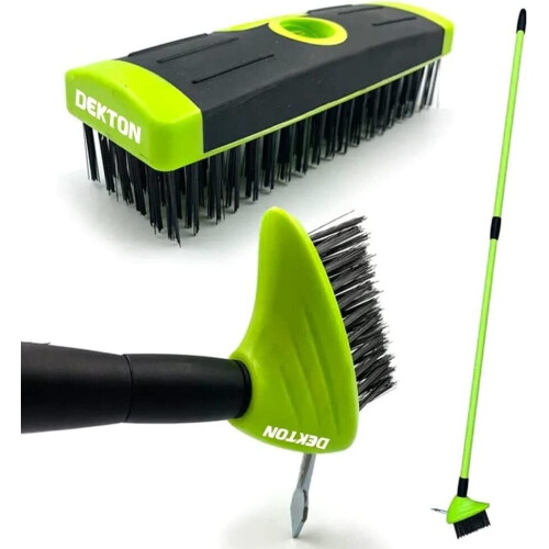 3-in-1 Patio Cleaning & Weeding Brush Set – Green/Black, 2 Heads (Angled & Rectangular) with Steel Handle PHM0756