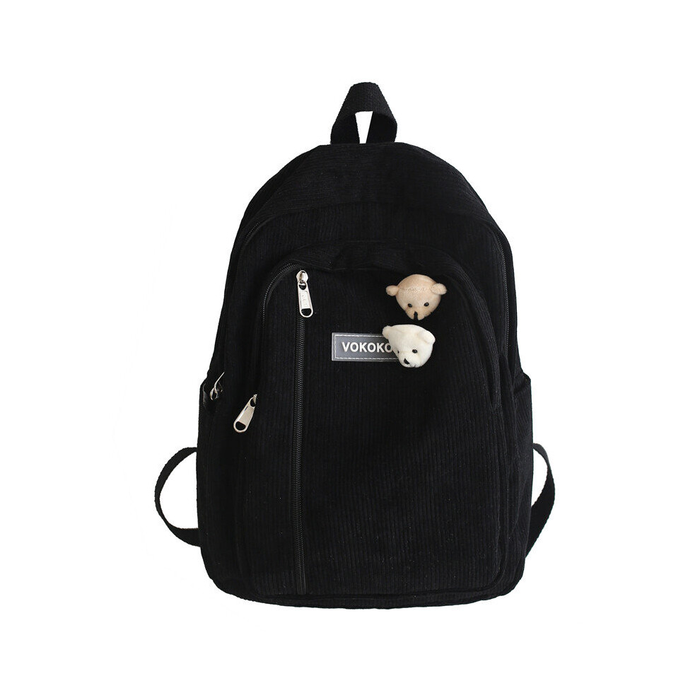 (Black-with bear pin) Stripe Corduroy Women Backpack Schoolbag for Teenage Girls Boys Harajuku Female Bag Student Lady Book Pack-image-OPC-PBSNGJT-NEW
