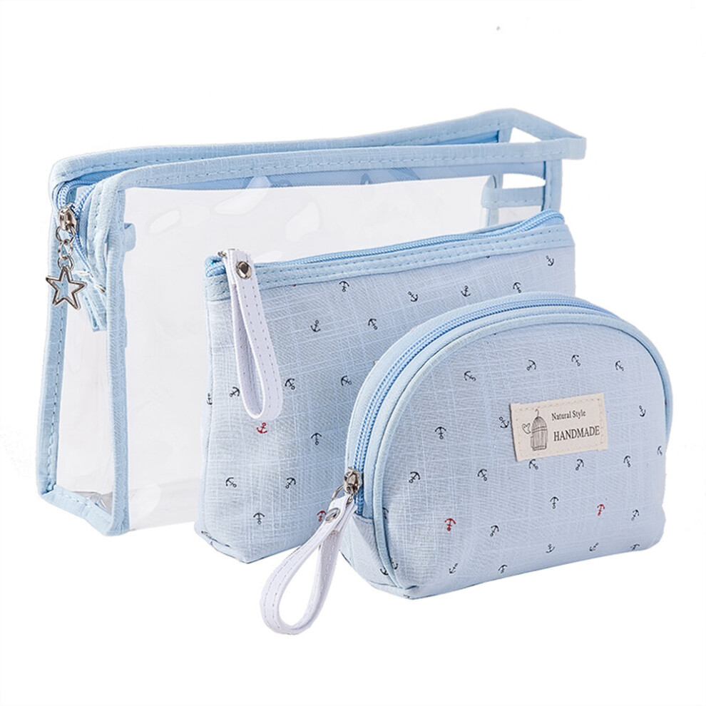 Blue 3Pcs Travel Transparent Pvc Cosmetic Bag Portable Makeup Organizer Wash Toothbrush Storage Pouch