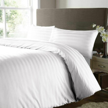 (DOUBLE: (200 X 200)CM, WHITE) 4 Piece Stripe Duvet Cover Complete Bedding Set With Pillowcases & Fitted Sheet 25cm UK