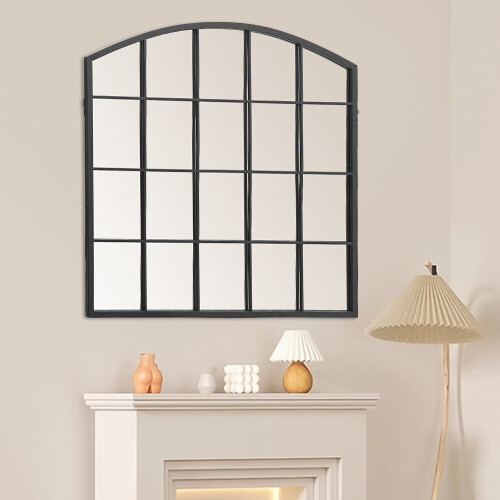Living And Home Industrial Arch Windowpane Wall Mirror with Black Metal Frame