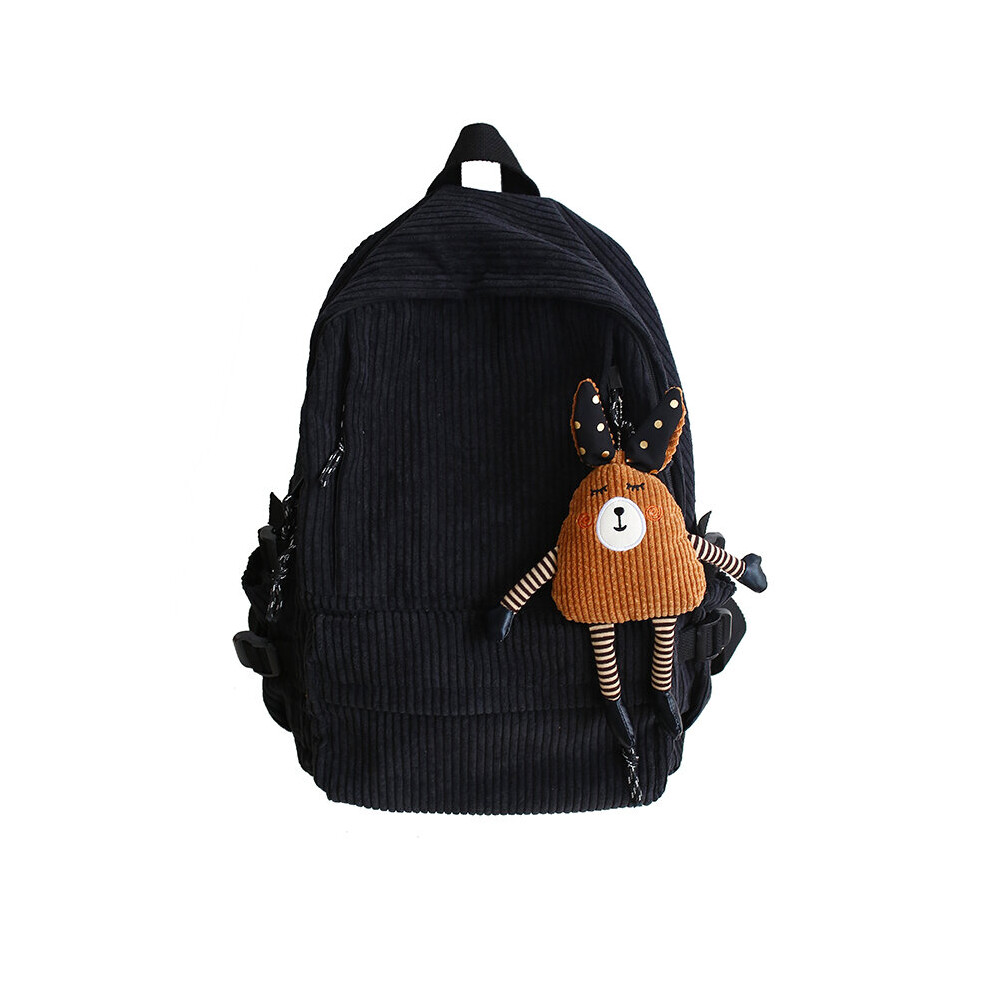 (Black-No pendant) Women Corduroy Backpack Pure Stripe School Bag Teenage Girl Backpack Female Backpack-image-OPC-PBSNWCM-NEW