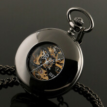Mens Pocket Watch Mechanical Black Steampunk Skeleton Retro Chain Luxury