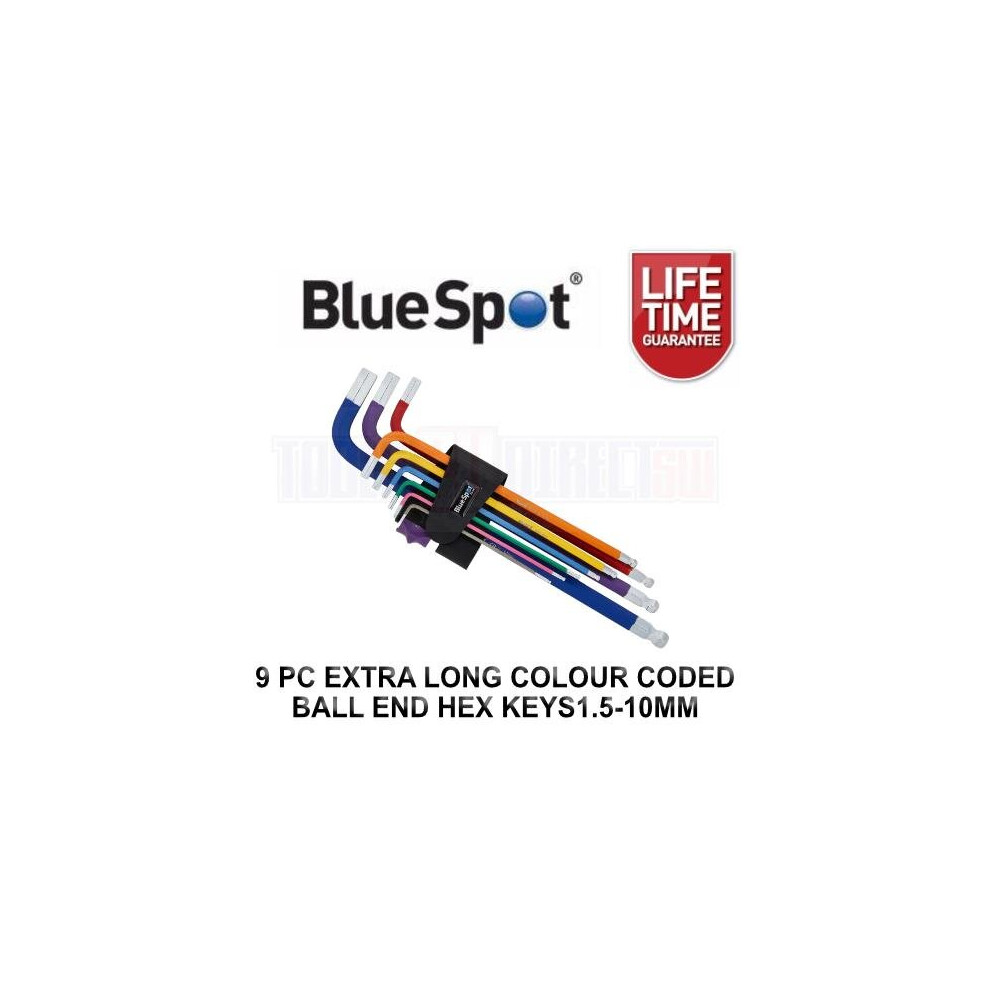 BlueSpot 9pc Extra Long Colour Coded Ball End Metric Hex Key Set 1.5-10mm 15301