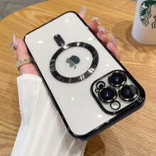 (For iPhone 11Pro Max, Black) Transparent Magnetic Wireless Charging Case For iPhone 14 13 12 11 Pro Max plus Plating Soft Cover