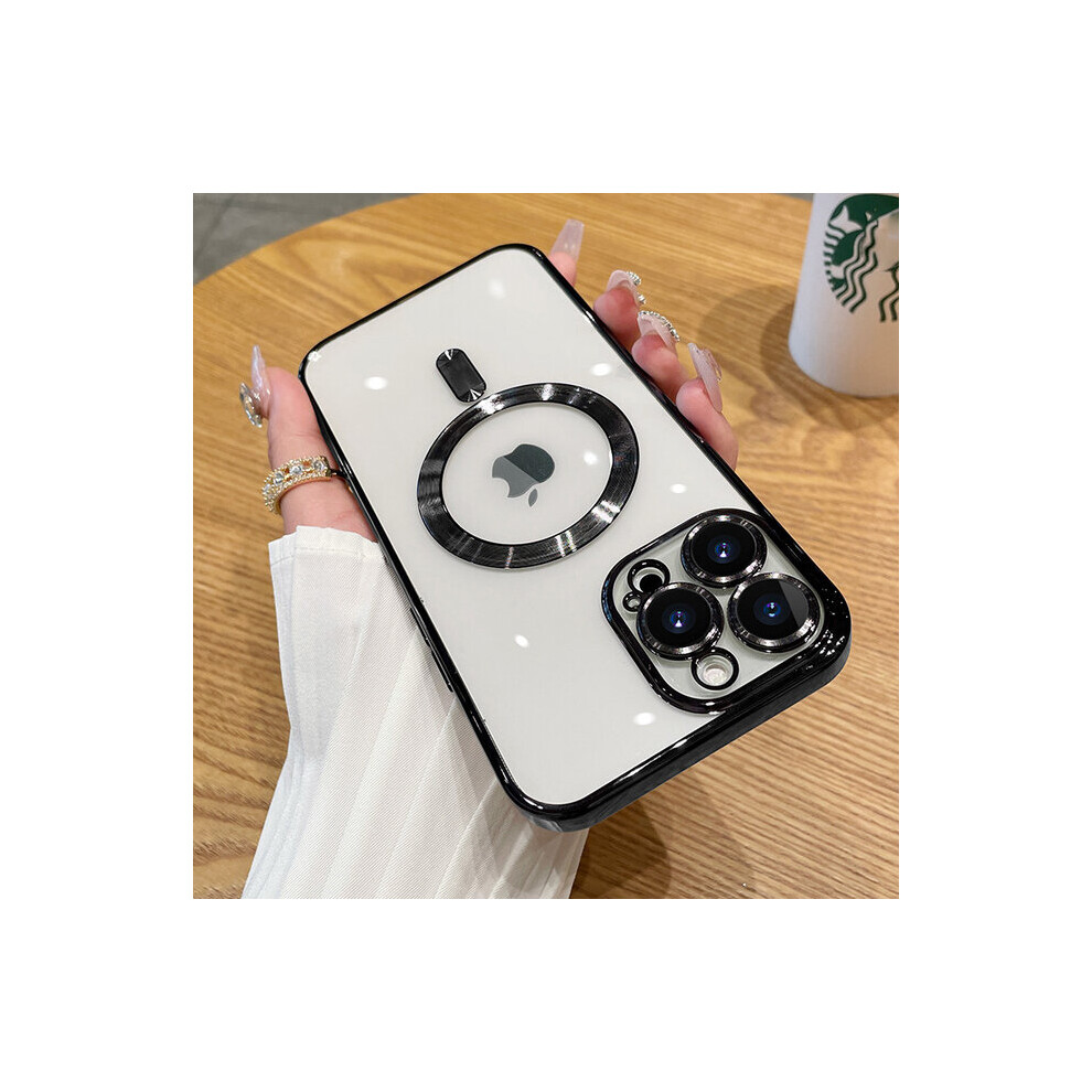 (For iPhone 11Pro Max, Black) Transparent Magnetic Wireless Charging Case For iPhone 14 13 12 11 Pro Max plus Plating Soft Cover