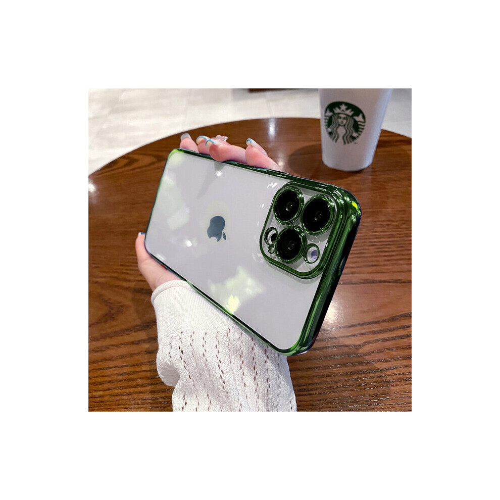 (For iPhone 13 Pro, Green) Luxury Plating Square Clear Phone Case For iPhone 12 13 14 Pro Max Plus Silicone Frame Shockproof Cover