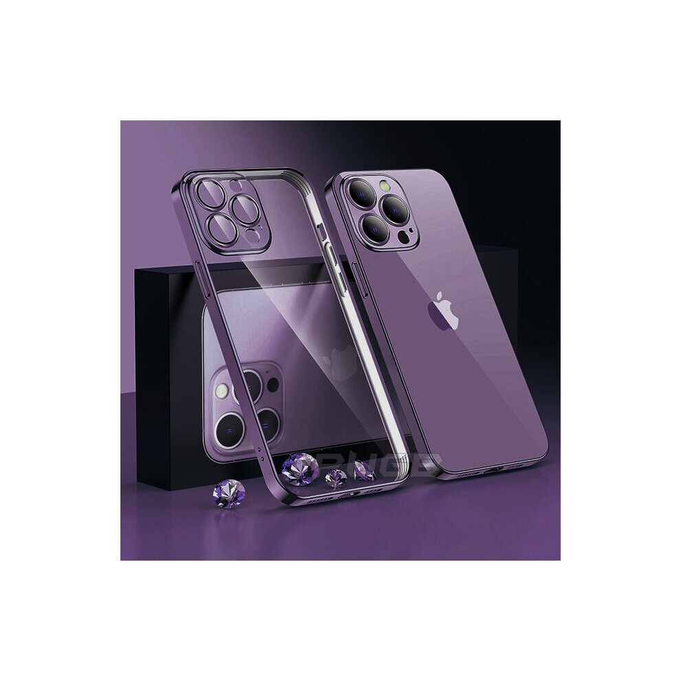 (for 12 pro max, deep purple) Luxury With Lens Protector Transparent Silicone Case For iPhone 14 12 13 Pro Max plus Plating Clear Cover